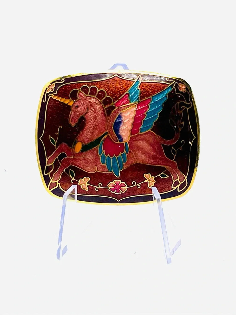 Vintage 1970s Cloisonné Enamel Winged Unicorn Pegasus Belt Buckle